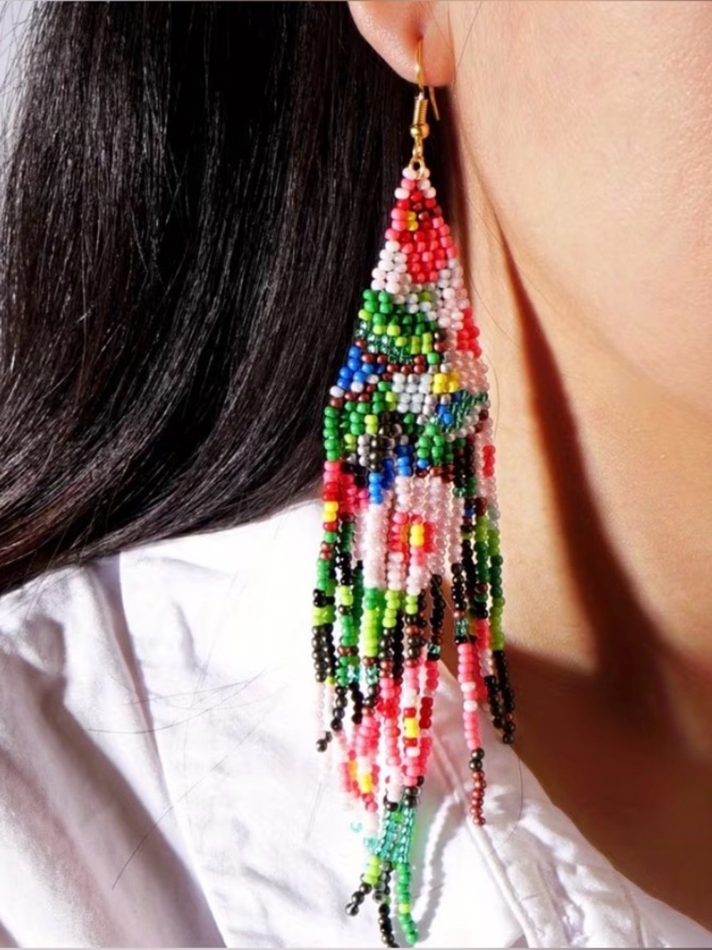 Bohemian Handmade Multicolor Floral Seed Bead Fringe Earrings
